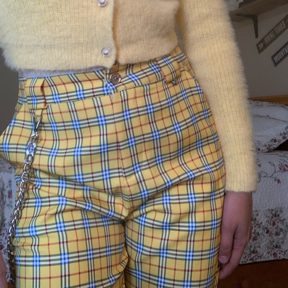 Cider— Plaid Yellow, High rise, Chain detail pants.